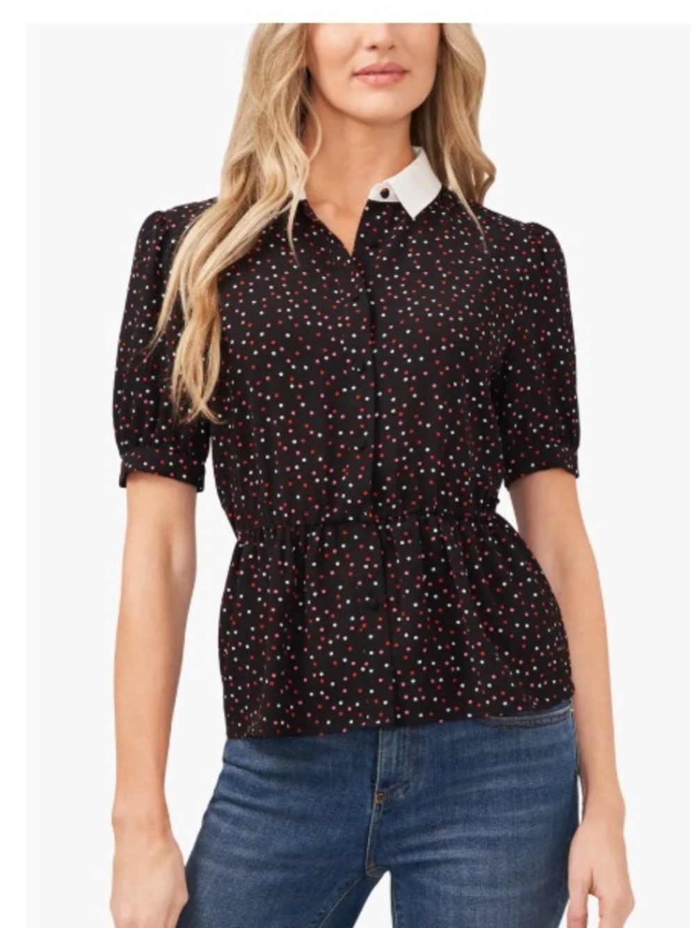 CeCe Ma Cherie Dot Puff Sleeve Peplum Shirt